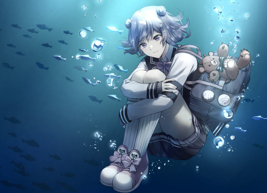 1girl, air_bubble, black_cardigan, black_skirt, bow, bowtie, bubble, cardigan