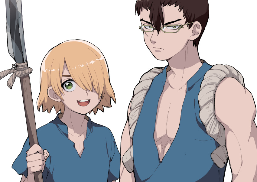 2boys, :d, absurdres, blonde_hair, brown_hair, closed_mouth, dr._stone, ginro_(dr._stone)