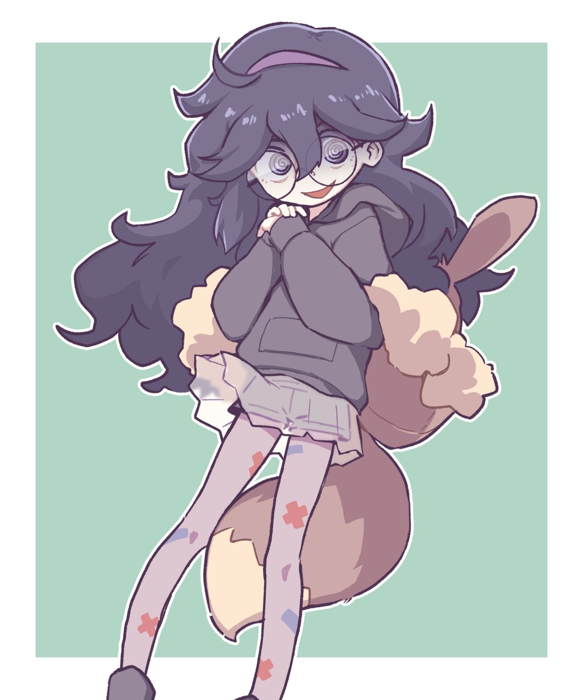 1girl, backpack, bag, big_hair, eevee, feet_out_of_frame, fusion, hex_maniac_(pokemon), highres, hood, hoodie, long_hair, messy_hair, orenji_(wholesomeorenji), own_hands_clasped, own_hands_together, pantyhose, penny_(pokemon), pokemon, pokemon_(game), pokemon_sv, pokemon_xy, print_pantyhose, round_eyewear, see-through, see-through_skirt, simple_background, skirt, solo, very_long_hair, violet_eyes