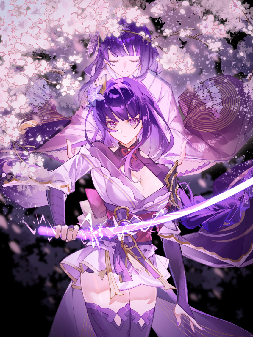 2girls, absurdres, behind_another, blunt_bangs, braid, braided_ponytail, cherry_blossoms, closed_eyes