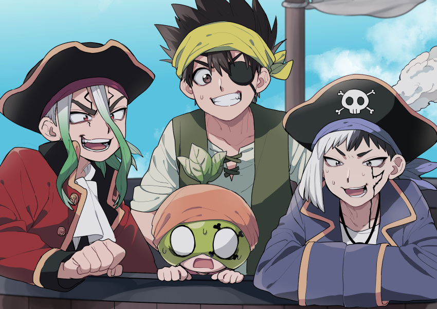 1girl, 3boys, :d, absurdres, asagiri_gen, black_hair, blank_eyes, blue_sky