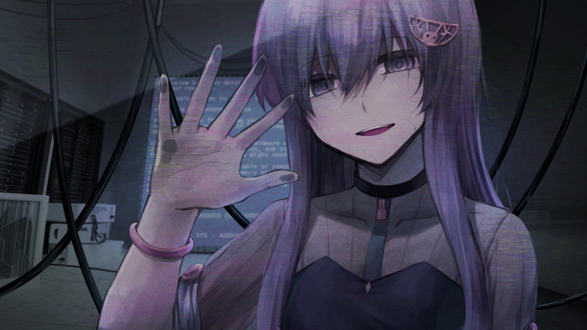 1girl, alternate_hair_length, alternate_hairstyle, android, black_choker, black_dress, blue_screen_of_death, bracelet