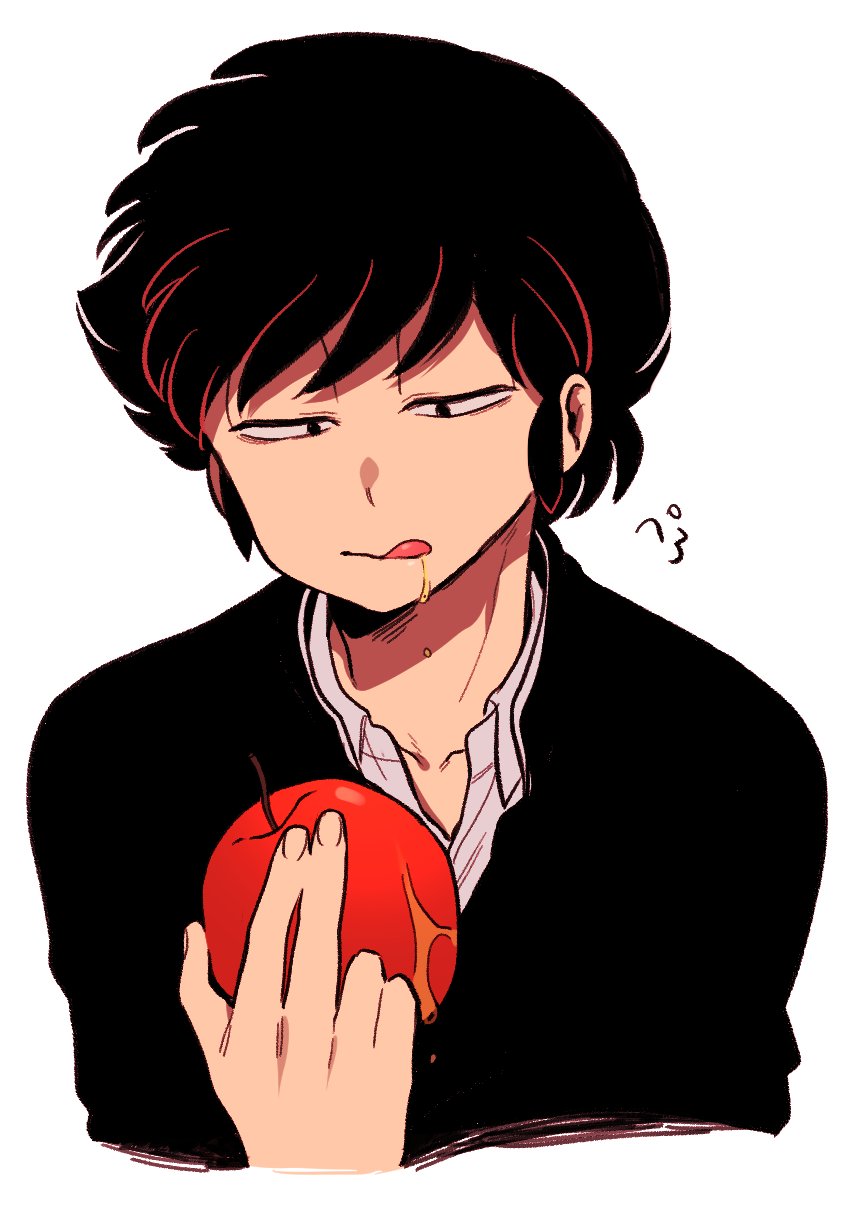 1boy, apple, collarbone, eating, food, fruit, half-closed_eyes, highres