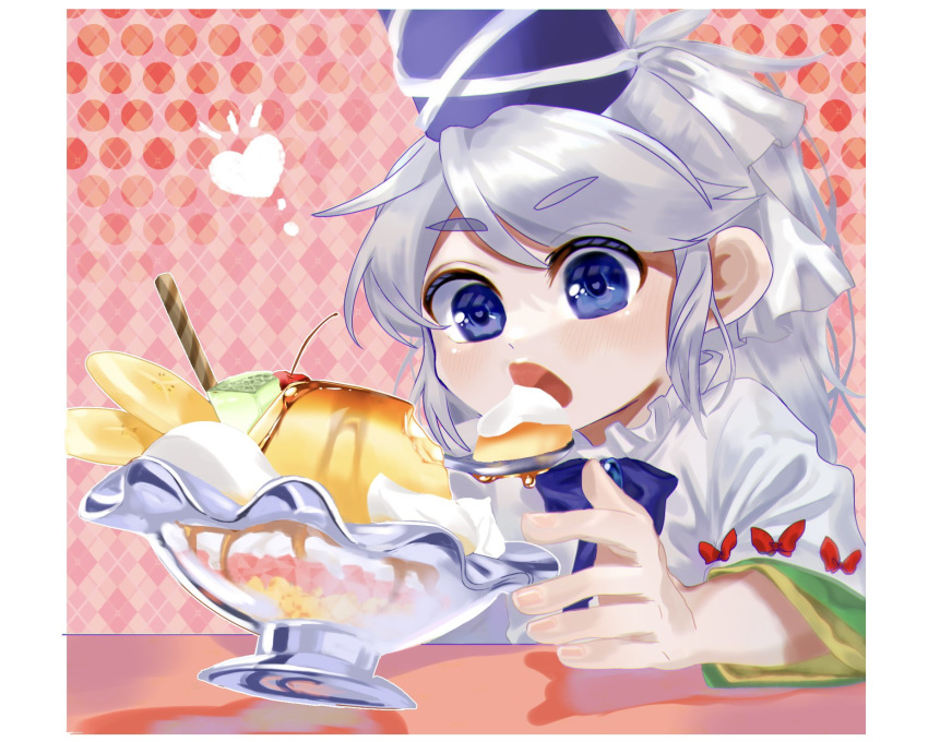1girl, argyle, argyle_background, blue_bow, blue_bowtie, blue_eyes, blue_headwear, blush, bow, bowtie, cherry, commentary_request, eating, food, fruit, grey_hair, hat, heart, heart-shaped_pupils, highres, ice_cream, japanese_clothes, kariginu, long_hair, medium_bangs, melon, melon_slice, mononobe_no_futo, oishiinori_1248, open_mouth, pink_background, polka_dot, polka_dot_background, ponytail, pudding, red_bow, short_sleeves, solo, symbol-shaped_pupils, tate_eboshi, touhou, upper_body, wafer_stick, whipped_cream