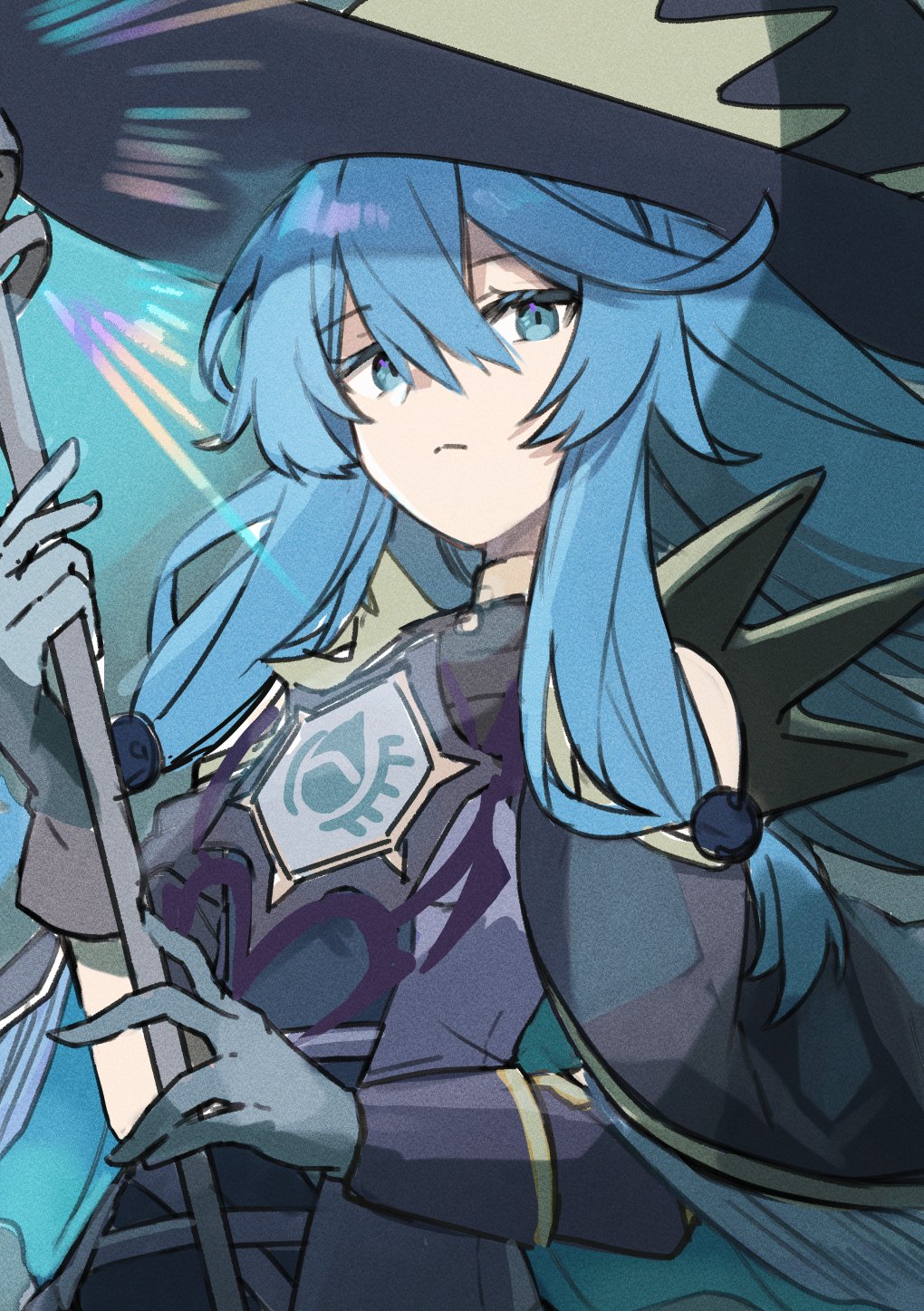 1girl, ariel_(yu-gi-oh!), bare_shoulders, blue_eyes, blue_hair, clothing_cutout, duel_monster, evigishki_nereimanas