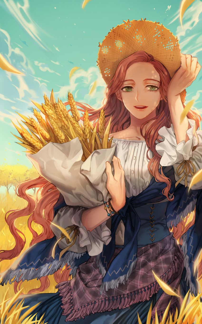 1girl, absurdres, arcana_tactics, blue_skirt, blue_sky, bracelet, brown_hair, buttons