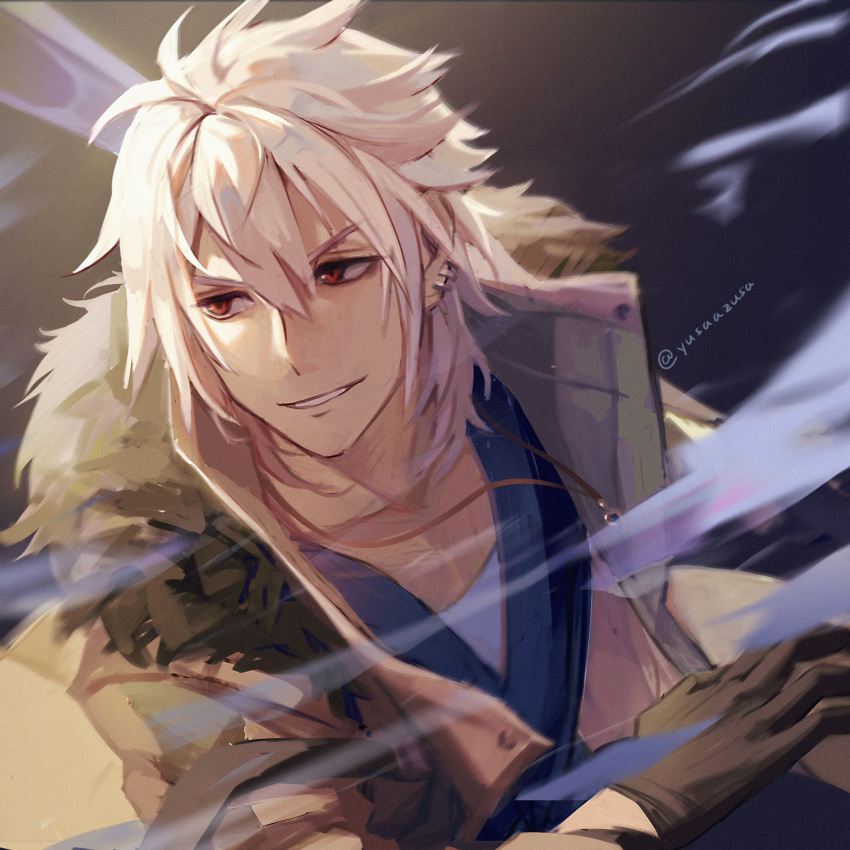 1boy, coat, crow_armbrust, earrings, eiyuu_densetsu, fur_collar, gloves, grin