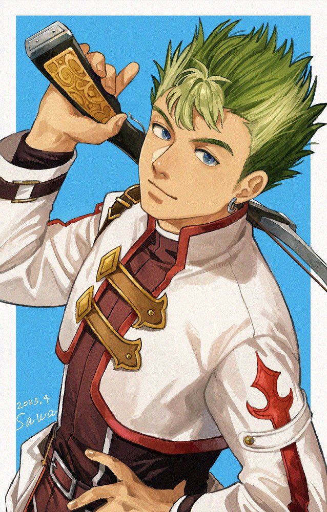 1boy, artist_name, blue_background, blue_eyes, commentary, cropped_jacket, crossbow, dated, earrings, eiyuu_densetsu, green_hair, holding, holding_crossbow, holding_weapon, jewelry, kevin_graham, looking_at_viewer, sawaponu3, simple_background, solo, sora_no_kiseki, spiky_hair, weapon