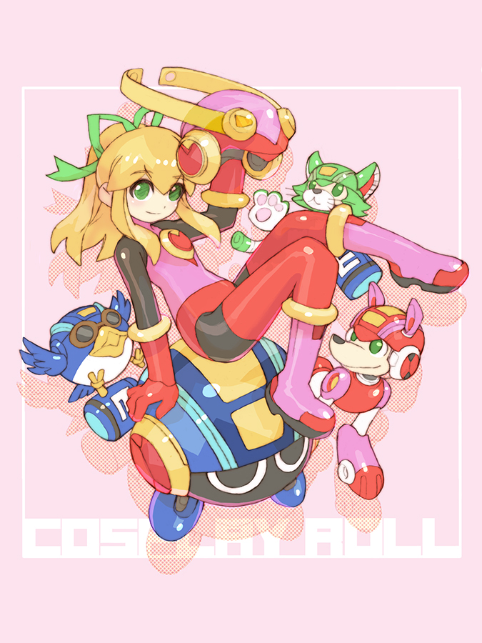 1girl, blonde_hair, boots, cosplay, full_body, gloves, green_eyes, hair_ribbon