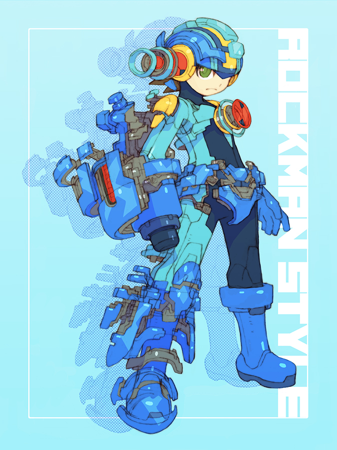 1boy, arm_cannon, arms_at_sides, assembling, blue_background, bodysuit, frown, full_body