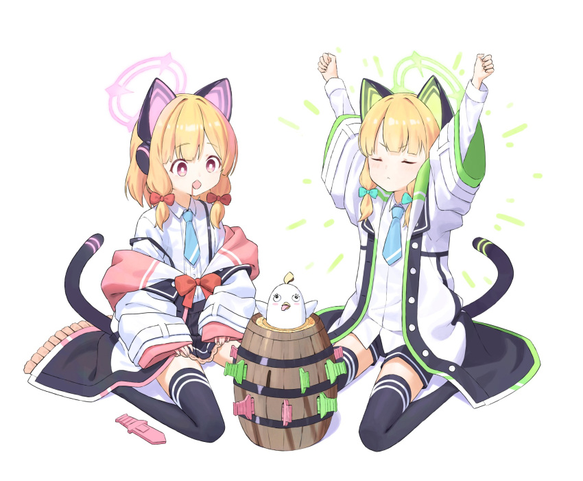 2girls, animal_ear_headphones, animal_ears, barrel, black_shorts, black_skirt, blonde_hair, blood