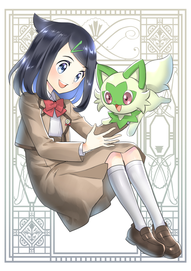 1girl, :d, black_hair, blue_eyes, brown_footwear, brown_jacket, brown_skirt, commentary_request