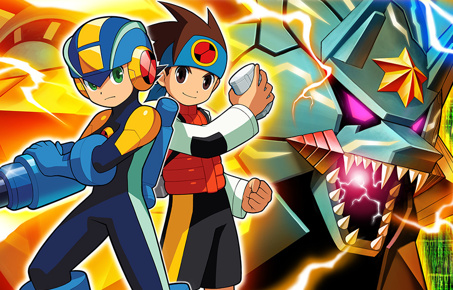 2boys, arm_cannon, brown_eyes, brown_hair, capcom, colored_sclera, cover, green_eyes