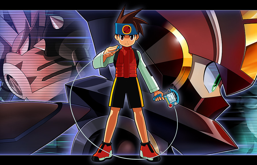 3boys, bandana, brown_eyes, brown_hair, capcom, cover, covered_mouth, full_body, green_eyes, helmet, lan_hikari_(mega_man), long_sleeves, looking_at_viewer, male_focus, mega_man_(series), mega_man_battle_network, mega_man_battle_network_3, megaman.exe, multiple_boys, official_art, punk.exe, red_eyes, short_hair, shorts, textless_version, video_game_cover