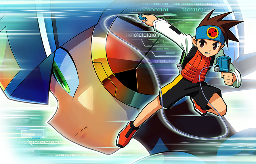 2boys, bandana, brown_eyes, brown_hair, capcom, cover, full_body, green_eyes