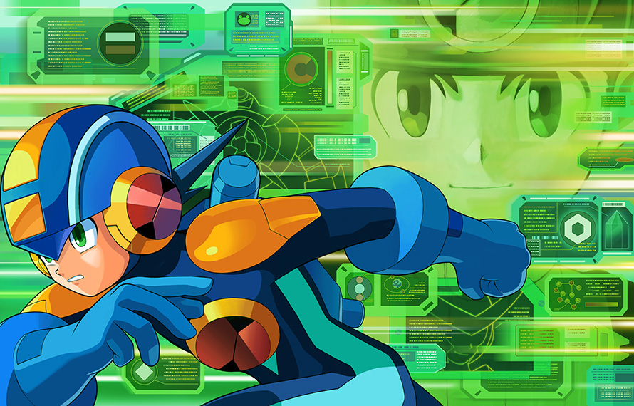 2boys, bandana, capcom, clenched_teeth, cover, green_eyes, helmet, lan_hikari_(mega_man), looking_at_viewer, male_focus, mega_man_(series), mega_man_battle_network, mega_man_battle_network_2, megaman.exe, multiple_boys, official_art, smile, teeth, textless_version, tight, video_game_cover
