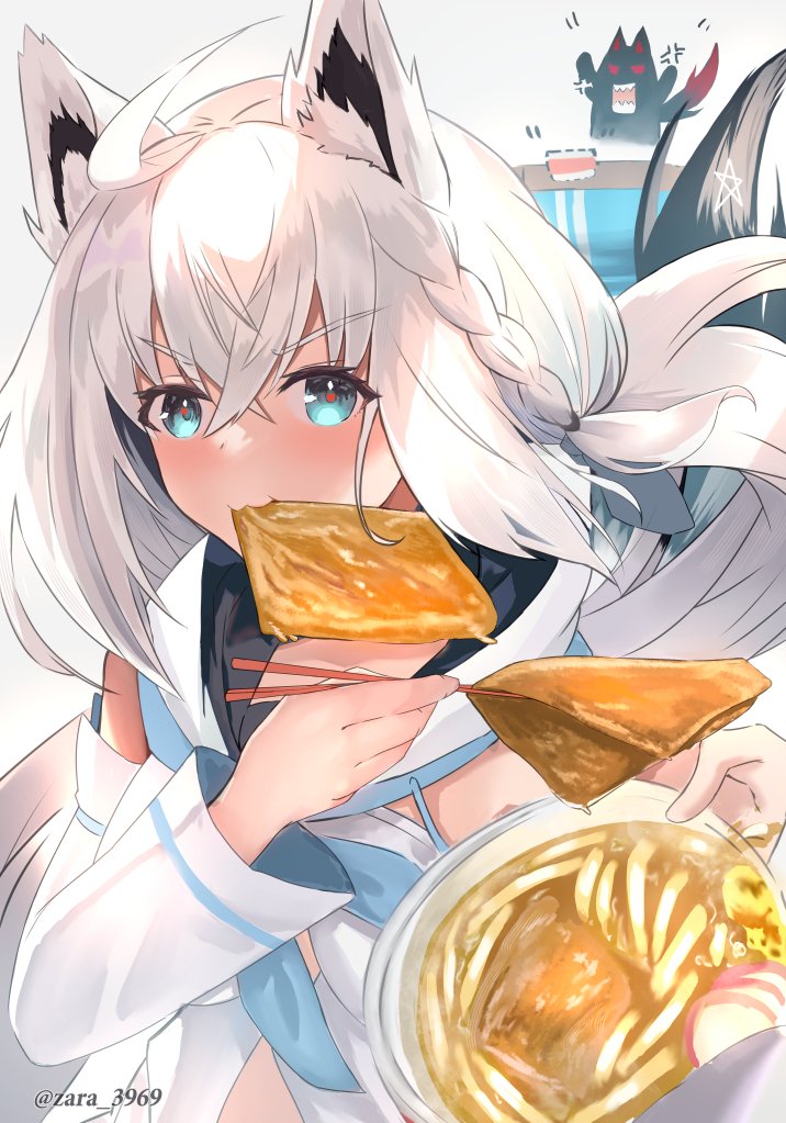 2girls, ahoge, anger_vein, animal_ear_fluff, animal_ears, blue_neckerchief, blush, bowl