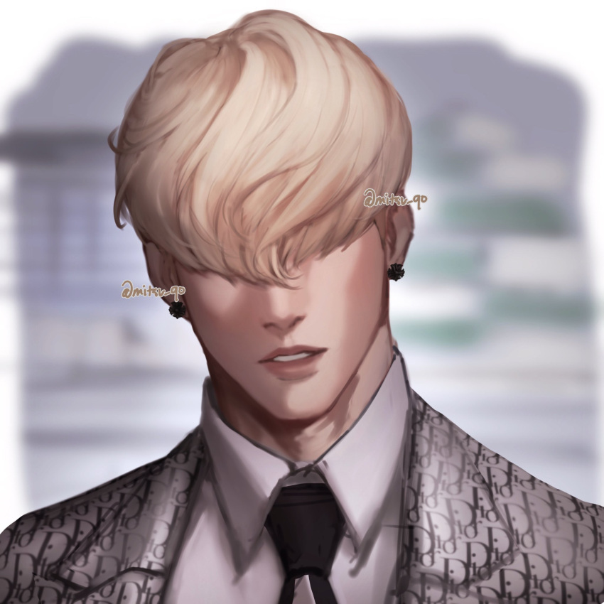 1boy, artist_name, black_necktie, blonde_hair, blurry, blurry_background, earrings, hair_over_eyes