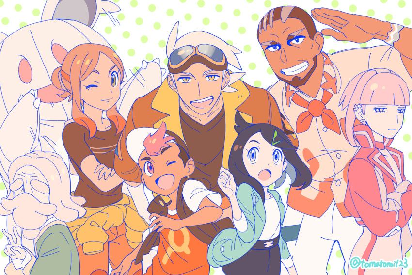 1other, 3girls, 4boys, :d, :o, ;), ;d, beard, blunt_bangs, brown_hair, brown_shirt, buttons, character_request, closed_mouth, commentary_request, dark-skinned_male, dark_skin, eyelashes, facial_hair, friede_(pokemon), grin, hair_ornament, hairclip, hand_up, highres, liko_(pokemon), mardock_(pokemon), mascot_costume, motion_lines, multiple_boys, multiple_girls, nidothing, one_eye_closed, open_mouth, pants, pokemon, pokemon_(anime), pokemon_horizons, roy_(pokemon), shirt, short_hair, shorts, sidelocks, smile, teeth, thick_eyebrows, tomatomi, upper_teeth_only, v, white_shirt