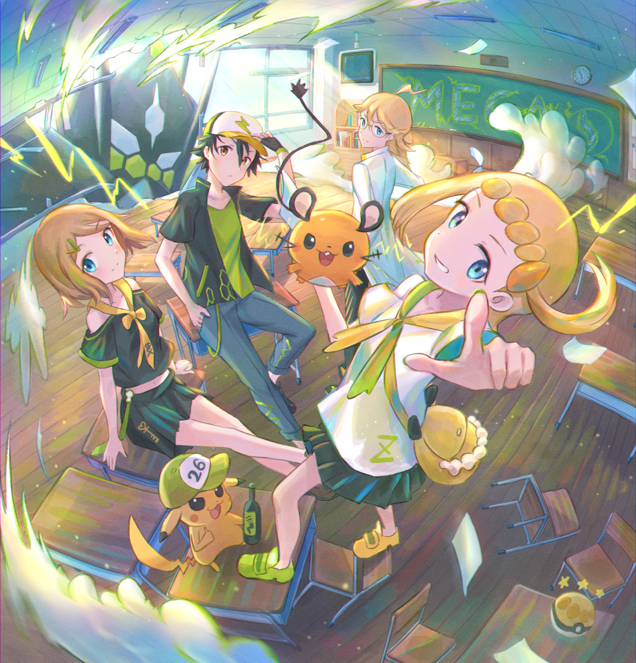 2boys, 2girls, ahoge, alternate_costume, ash_ketchum, blonde_hair, blue_eyes, bonnie_(pokemon)