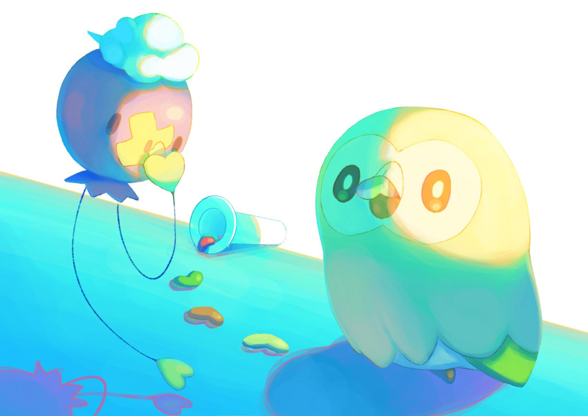 beans, bird, bright_pupils, brown_eyes, commentary_request, drifloon, eating, highres