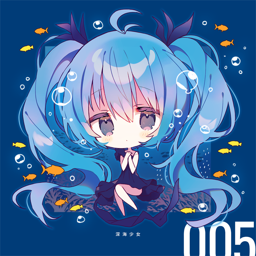 1girl, amano_mizu, aqua_hair, barefoot, black_dress, black_ribbon, blue_background, blush