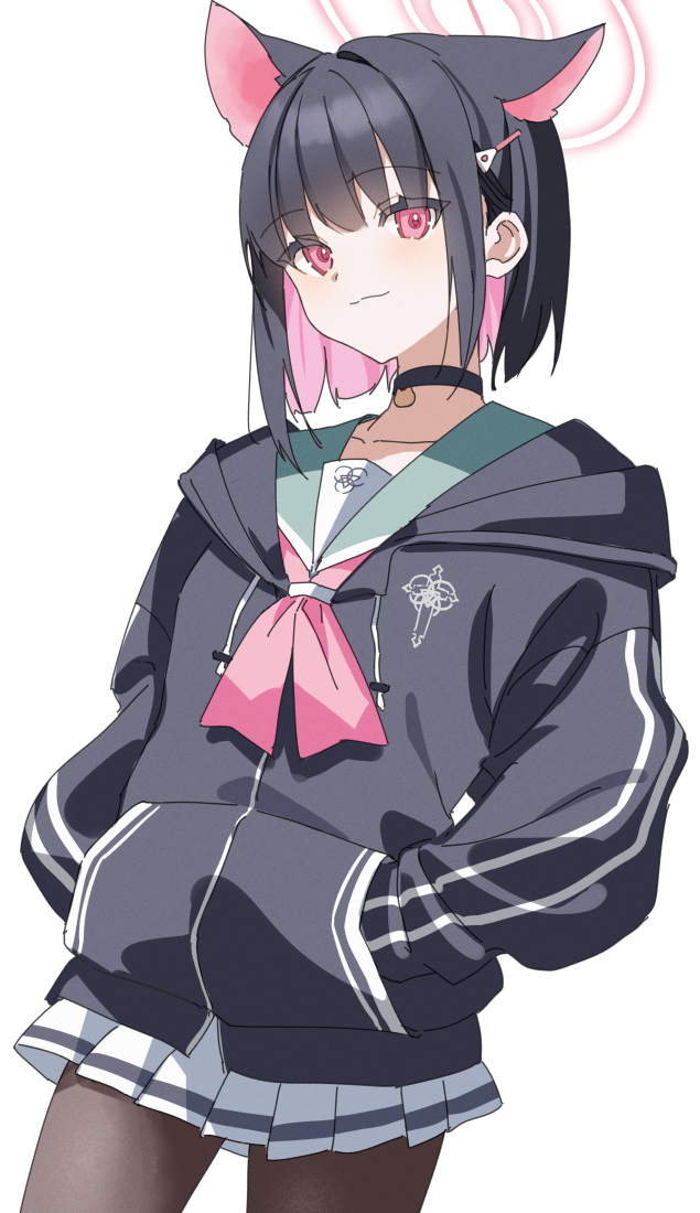 1girl, animal_ears, ascot, black_hair, black_jacket, blue_archive, brown_pantyhose, cat_ears, choker, closed_mouth, colored_inner_hair, cowboy_shot, duplicate, extra_ears, hair_ornament, hairclip, halo, hands_in_pockets, hood, hood_down, hooded_jacket, jacket, kazusa_(blue_archive), long_sleeves, looking_at_viewer, multicolored_hair, nekoln, pantyhose, pink_ascot, pixel-perfect_duplicate, red_eyes, sailor_collar, short_hair, sidelocks, simple_background, smile, solo, white_background