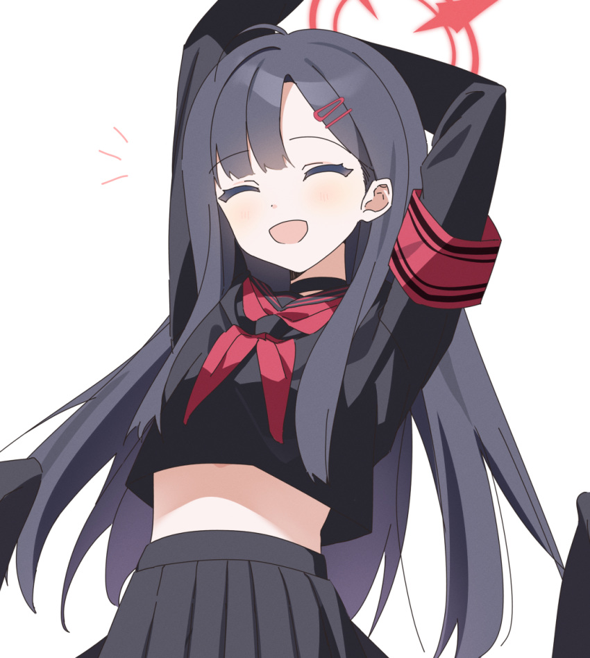 1girl, angel_wings, black_gloves, black_hair, black_serafuku, black_skirt, black_wings, blue_archive, gloves, halo, highres, ichika_(blue_archive), neckerchief, nekoln, red_armband, red_neckerchief, school_uniform, serafuku, simple_background, skirt, solo, white_background, wings