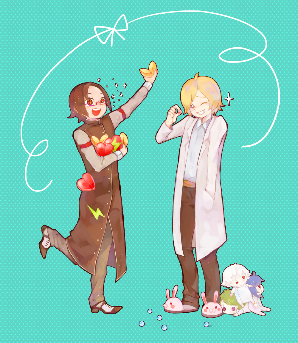 2boys, animal_slippers, benkaistein, blonde_hair, blue_background, brown_coat, brown_eyes, brown_hair