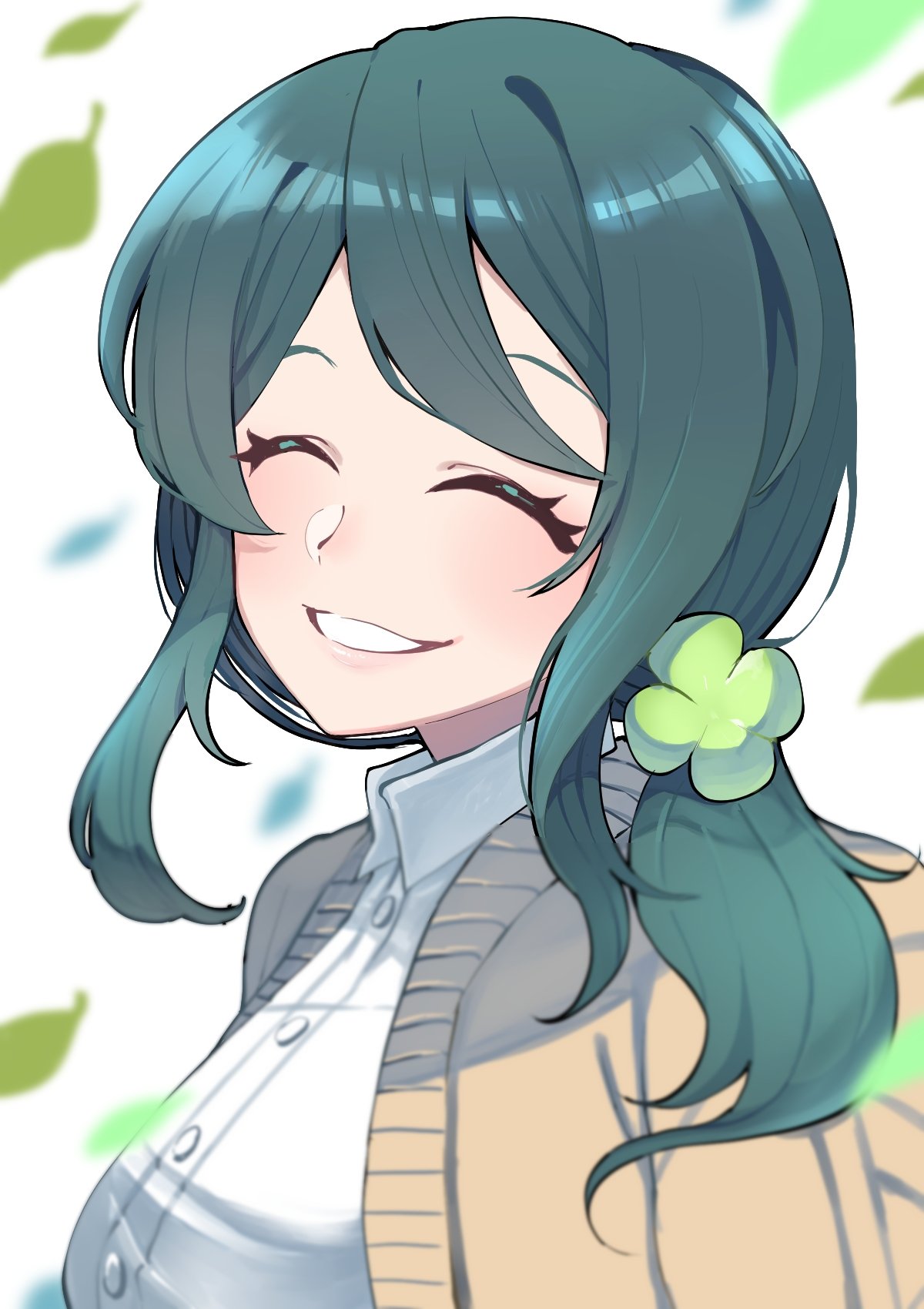 closed_eye, clover_hair_ornament, facing_viewer, green_hair, hair_ornament, highres, indie_virtual_youtuber, jacket