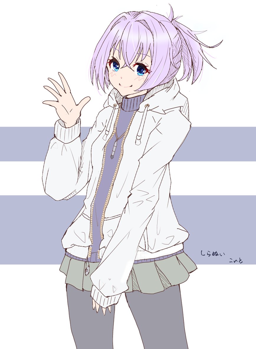 1girl, black_pantyhose, black_sweater, blue_eyes, grey_skirt, hair_between_eyes, hair_intakes, hood