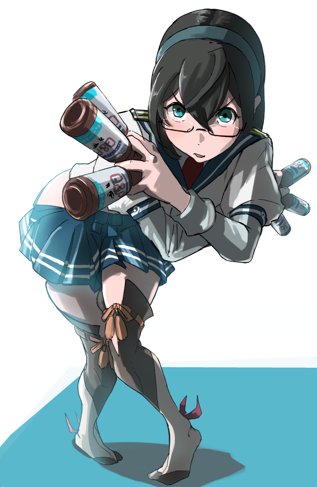 1girl, between_fingers, black-framed_eyewear, black_hair, blue_sailor_collar, blue_skirt, blush, bottle