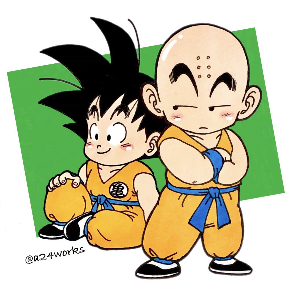 2boys, a24wks, bald, black_eyes, black_hair, commentary_request, dougi, dragon_ball, dragon_ball_(classic), facial_mark, forehead_mark, frown, kuririn, male_focus, marker_(medium), multiple_boys, official_style, sitting, smile, son_goku, toriyama_akira_(style), traditional_media, twitter_username, wristband