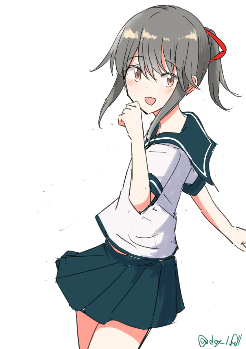 absurdres, blue_sailor_collar, blue_skirt, brown_eyes, cowboy_shot, grey_hair, hair_ribbon, highres