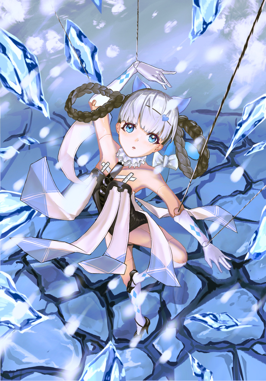 1girl, black_bodysuit, black_hair, blue_eyes, blue_ribbon, bodysuit, bombinata_(punishing:_gray_raven), doll_joints