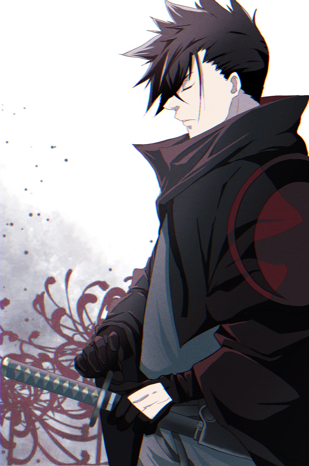 1boy, black_gloves, black_hair, closed_eyes, flower, gloves, hair_between_eyes, highres, japanese_clothes, katana, kimono, kurima_raizou, male_focus, miosaka0000, profile, revenger, sheath, sheathed, solo, spider_lily, sword, weapon, white_background