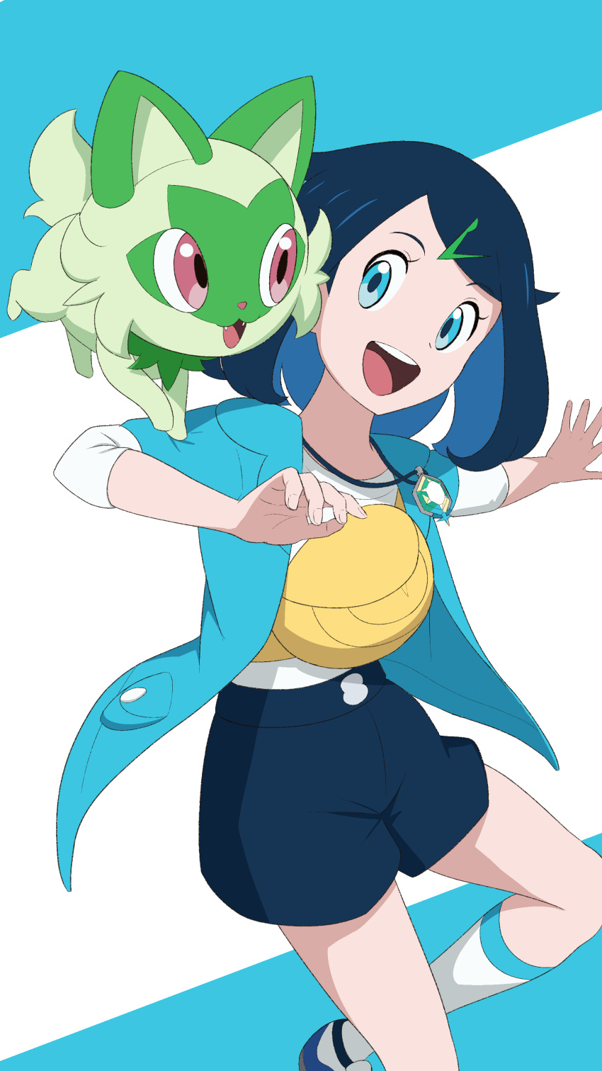 1girl, :d, absurdres, akaoni_studio, aqua_eyes, black_hair, black_shorts, commentary_request