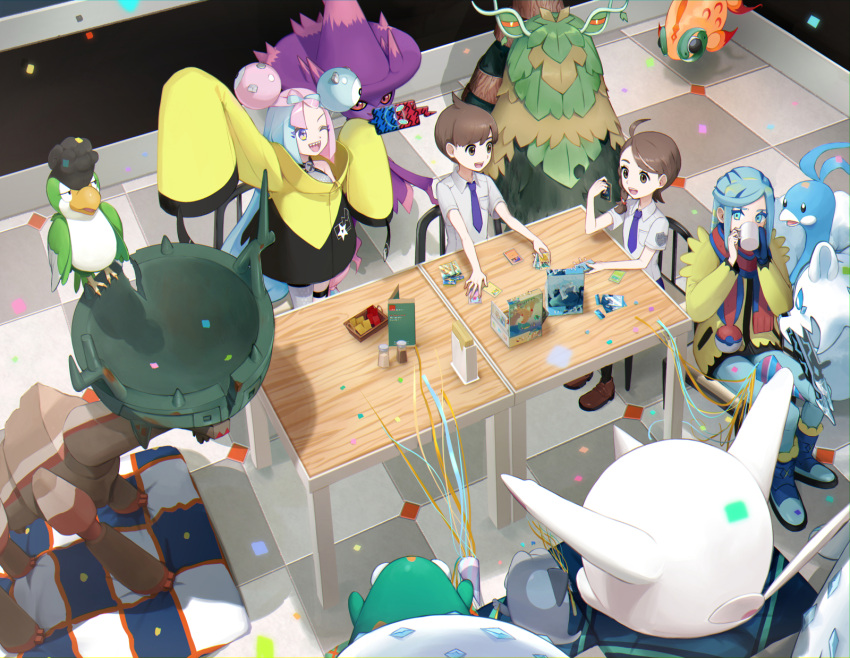 2boys, 2girls, ;d, ahoge, altaria, bellibolt, breast_pocket, brown_footwear, brown_hair, card, cetoddle, chair, checkered_floor, chi-yu_(pokemon), chien-pao, collared_shirt, commentary_request, confetti, cowlick, florian_(pokemon), grusha_(pokemon), highres, iono_(pokemon), jacket, juliana_(pokemon), long_hair, mismagius, multiple_boys, multiple_girls, necktie, one_eye_closed, open_mouth, pink_hair, pocket, pokemon, pokemon_(creature), pokemon_(game), pokemon_sv, rotom, rotom_phone, shirt, shoes, short_hair, short_sleeves, sitting, smile, squawkabilly, table, ting-lu_(pokemon), umi_usagi_(srusumi23), yellow_jacket