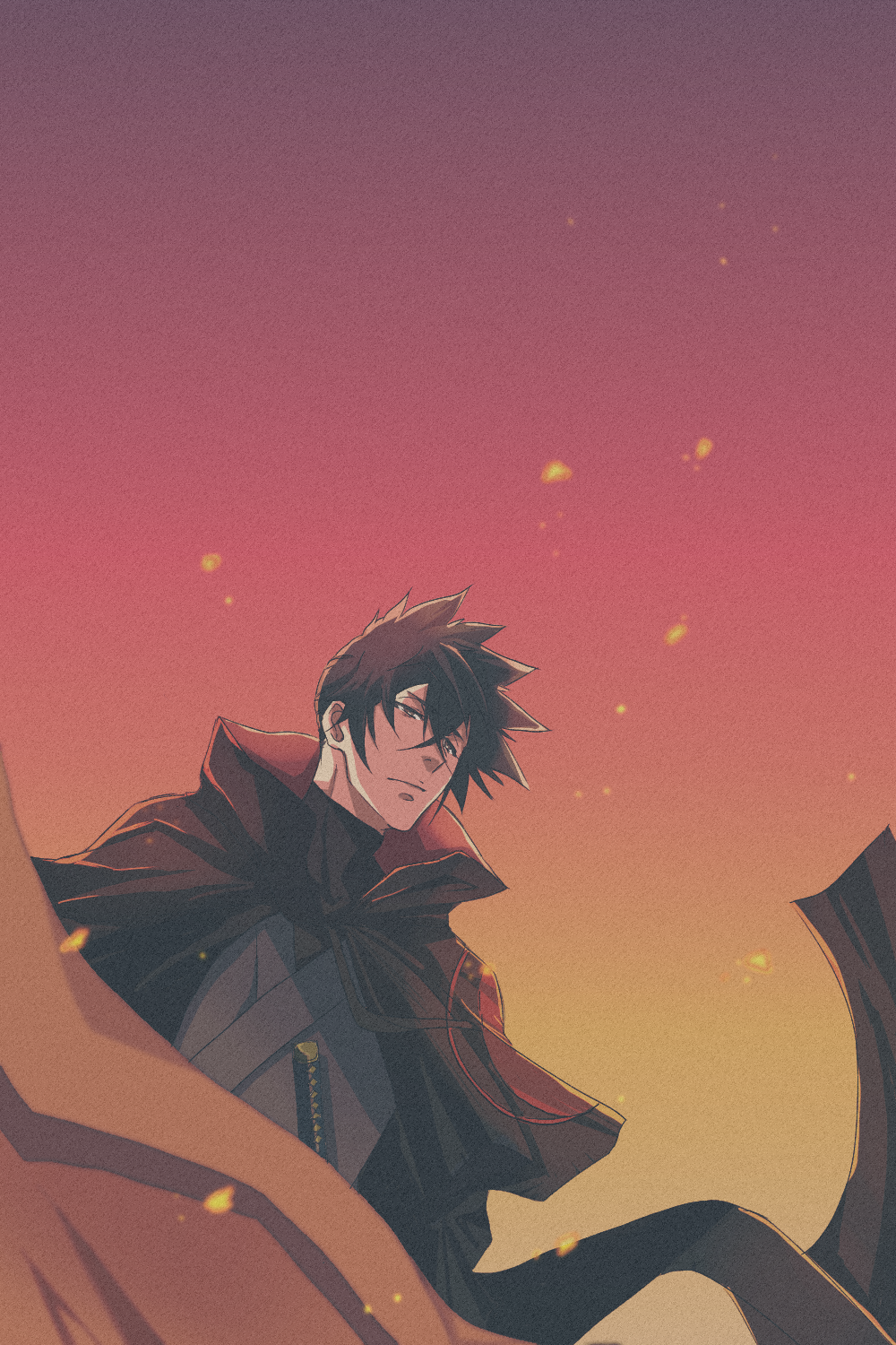 1boy, black_cape, black_hair, cape, gradient_sky, grey_kimono, hair_between_eyes, highres, japanese_clothes, katana, kimono, kurima_raizou, male_focus, miosaka0000, outdoors, revenger, sky, solo, standing, sword, weapon