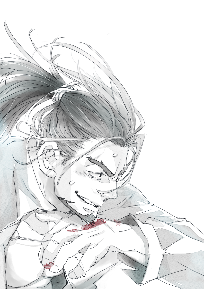 1boy, beard, black_hair, facial_hair, iichikamichi, long_hair, male_focus, murakami_teppa