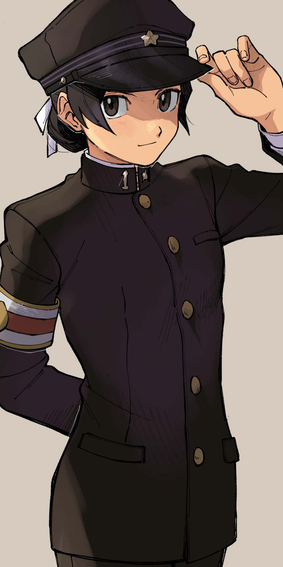 1girl, ace_attorney, arm_behind_back, armband, black_eyes, black_hair, black_headwear, black_jacket