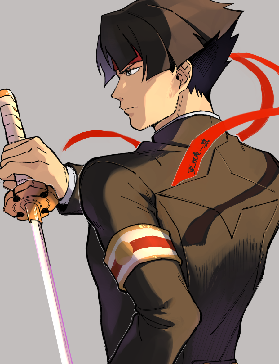 1boy, ace_attorney, armband, black_eyes, black_hair, black_jacket, closed_mouth, grey_background