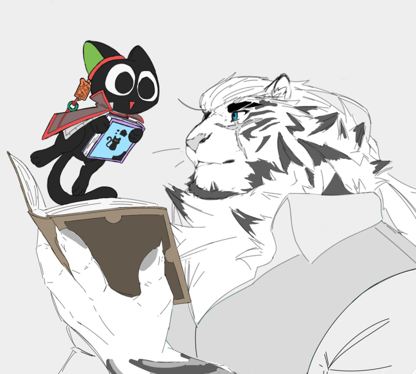 1boy, animal_ears, arknights, blue_eyes, book, collared_shirt, creature, crossover, facial_hair, fingernails, flat_color, from_side, furry, furry_male, goatee, hair_slicked_back, happy, highres, holding, holding_book, ikfou, large_hands, long_hair, luo_xiaohei, luo_xiaohei_zhanji, male_focus, mature_male, mountain_(arknights), mountain_(book_reader)_(arknights), ponytail, scar, scar_across_eye, sharp_fingernails, shirt, smile, thick_eyebrows, tiger_boy, tiger_ears, vest, white_fur, white_hair