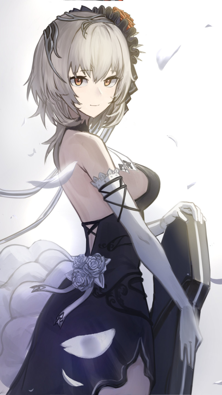 1girl, absurdres, bare_shoulders, black_dress, bow_(music), dress, elbow_gloves, flower