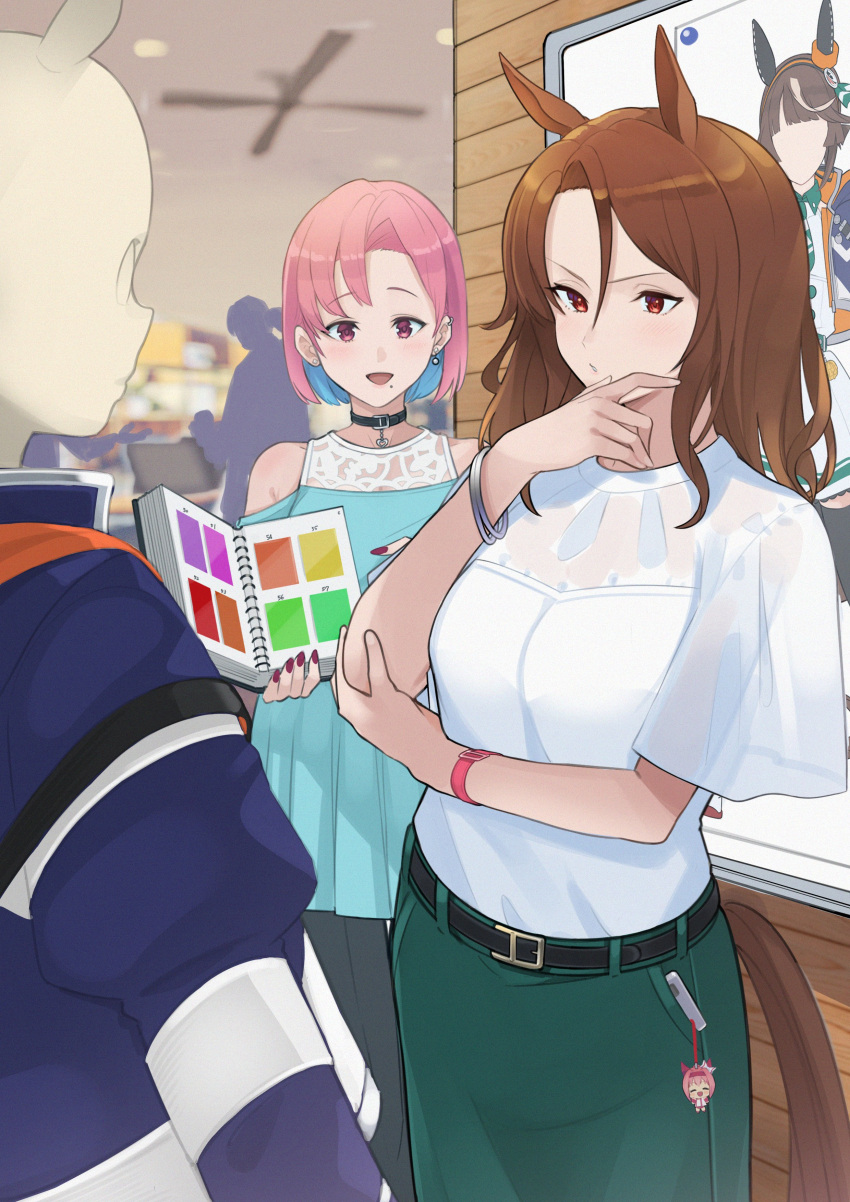 2girls, absurdres, aged_up, alternate_costume, animal_ears, bare_shoulders, belt, black_belt, black_choker, blue_hair, blue_jacket, bracelet, brown_hair, cellphone, choker, colored_inner_hair, commentary, dress, faceless, faceless_female, green_dress, haru_urara_(umamusume), highres, horse_ears, horse_girl, jacket, jewelry, king_halo_(umamusume), long_hair, mannequin, meikei_yell_(racehorse), multicolored_hair, multiple_girls, off-shoulder_shirt, off_shoulder, original, phone, pink_hair, red_eyes, shirt, short_hair, smartphone, umamusume, violet_eyes, white_shirt, yokoji_(kodai2015)
