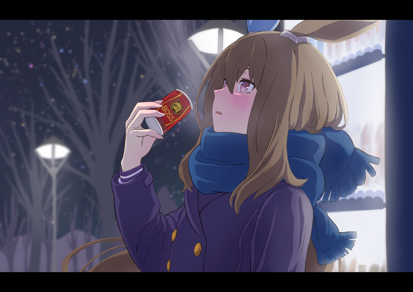 1girl, absurdres, admire_vega_(umamusume), agepan._(pangcha3324), animal_ears, blue_scarf, blush, boss_coffee, brown_hair, buttons, can, curren_chan_(umamusume), double-breasted, ear_covers, from_side, hair_between_eyes, highres, holding, holding_can, horse_ears, horse_girl, long_hair, long_sleeves, looking_up, low_ponytail, scarf, school_uniform, single_ear_cover, solo, suntory, tracen_school_uniform, tracen_winter_coat, umamusume, vending_machine, violet_eyes