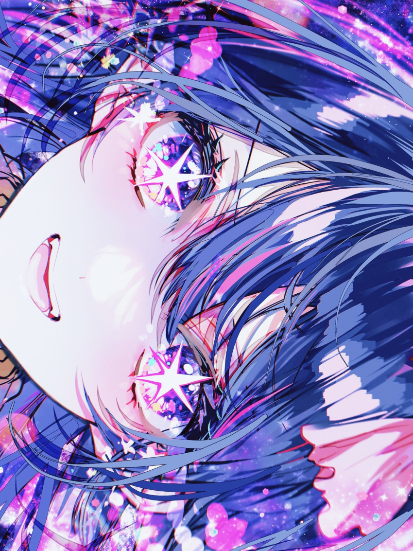 1girl, banbiiiino0303, blue_hair, blush, hair_between_eyes, highres, hoshino_ai_(oshi_no_ko), looking_at_viewer, open_mouth, oshi_no_ko, portrait, smile, solo, star-shaped_pupils, star_(symbol), star_in_eye, symbol-shaped_pupils, symbol_in_eye, teeth, upper_teeth_only, violet_eyes