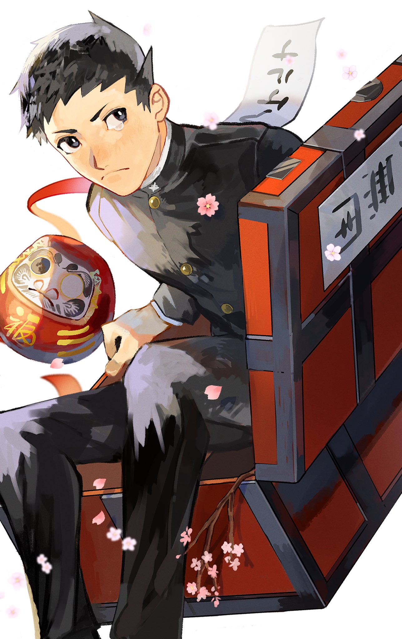 1boy, ace_attorney, black_eyes, black_hair, black_jacket, black_pants, buttons, cherry_blossoms