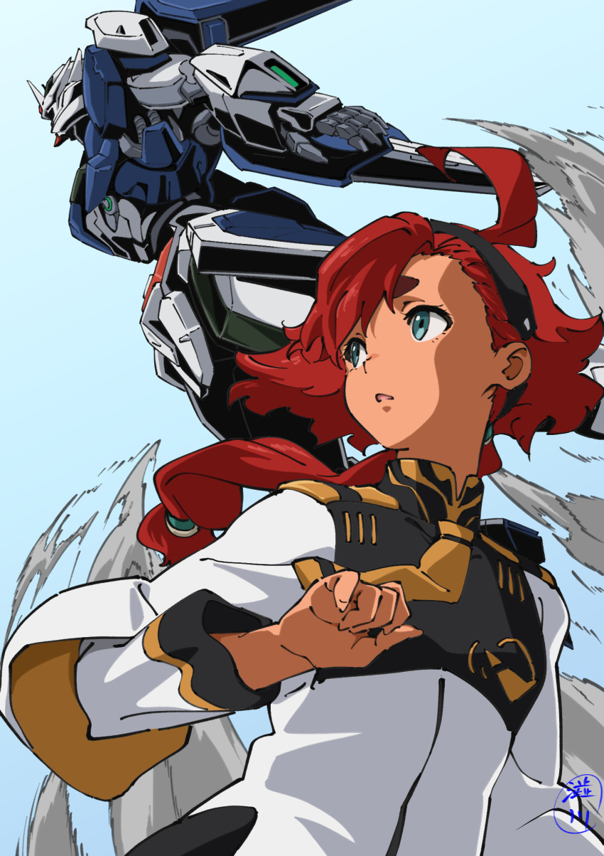 1girl, ahoge, aqua_eyes, artist_name, asticassia_school_uniform, black_hairband, blue_background, gundam
