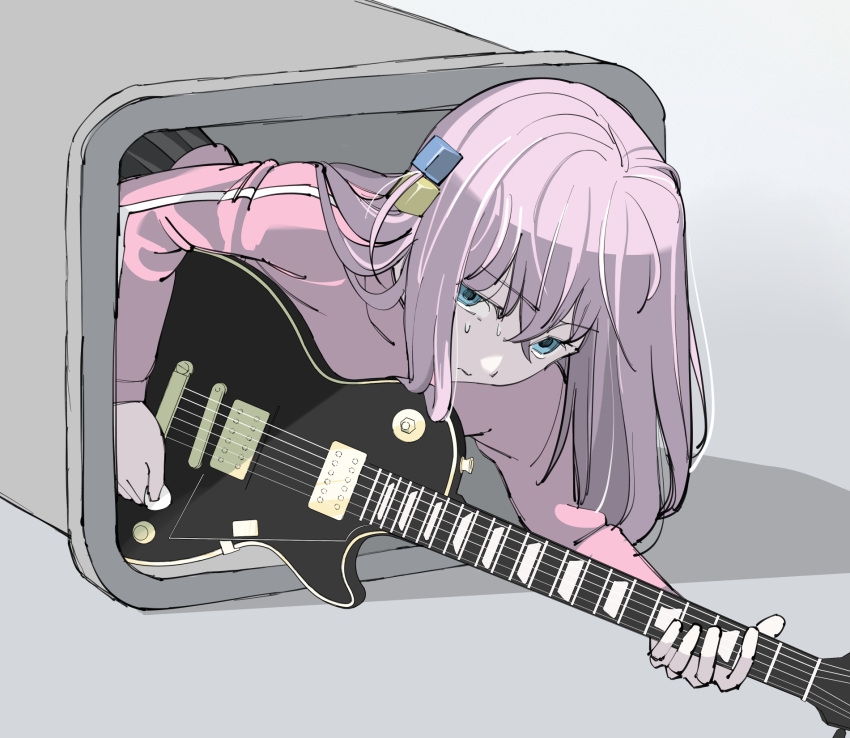 1girl, black_skirt, blue_eyes, bocchi_the_rock!, closed_mouth, cube_hair_ornament, electric_guitar, gotoh_hitori